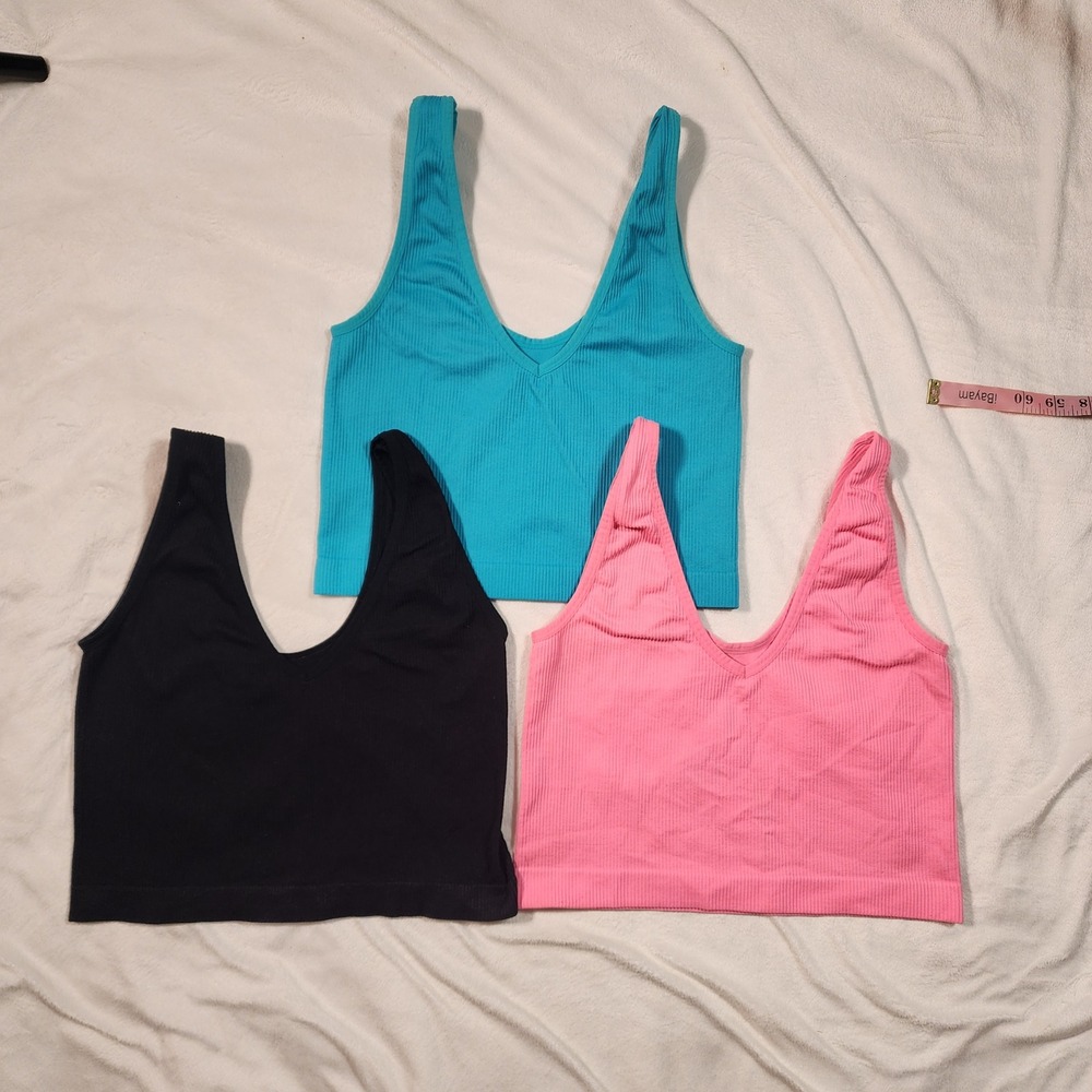 Bundle 3 Ribbed Seamless Crop Tank Tops Large Black Pink Blue V-Neck Athleisure